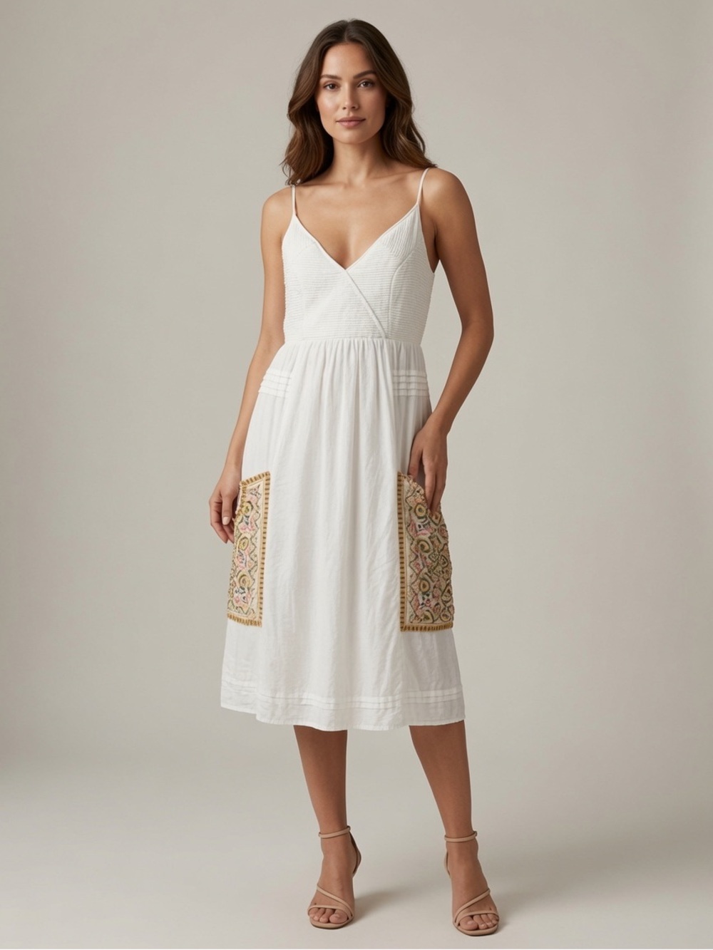 Anthropologie Vanessa Virginia White Embroidered Pocket Cami Sundress - Size S